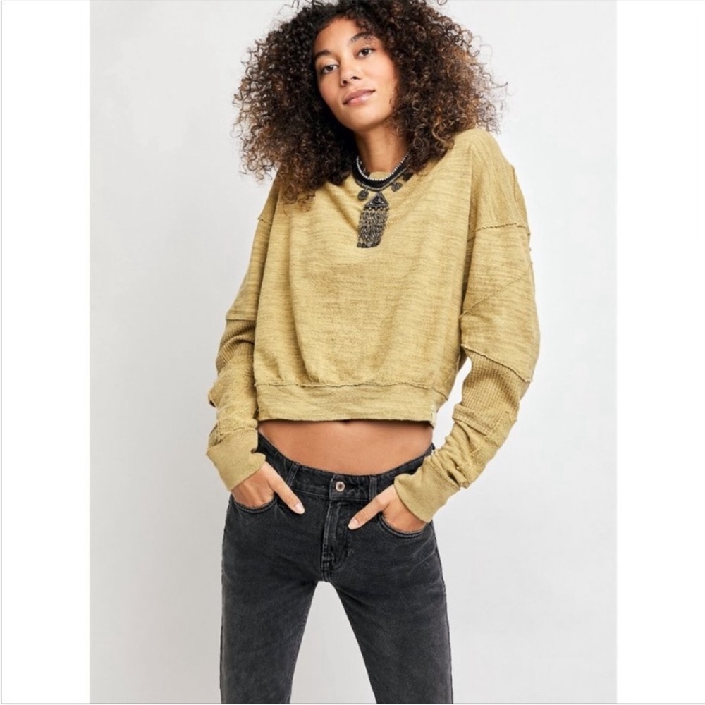 Free People 5 Star Tee Golden Palm Raw Hems Distressed Grunge Sweatshirt M